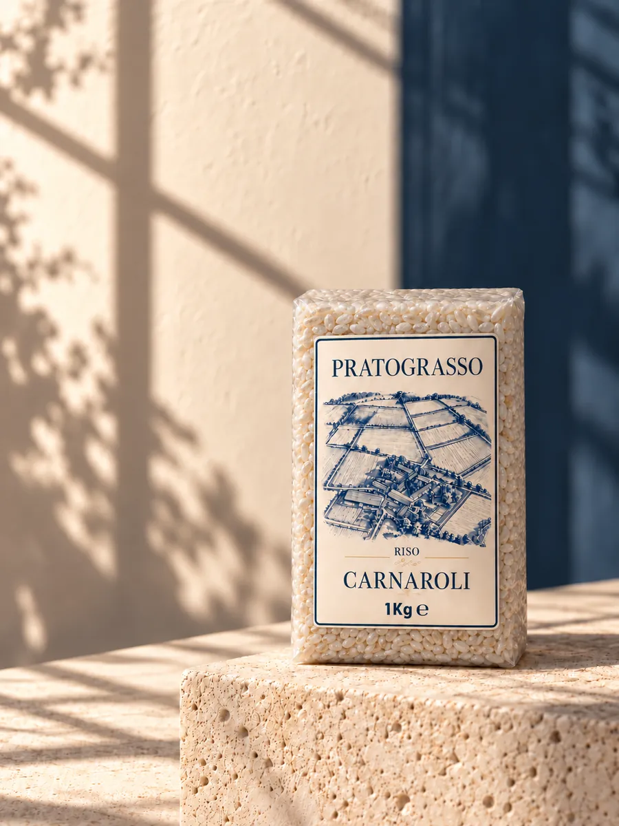 Confezione sottovuoto da 1 kg di Carnaroli Pratograsso, con la cascina disegnata in blu sull’etichetta, su un blocco di pietra al sole